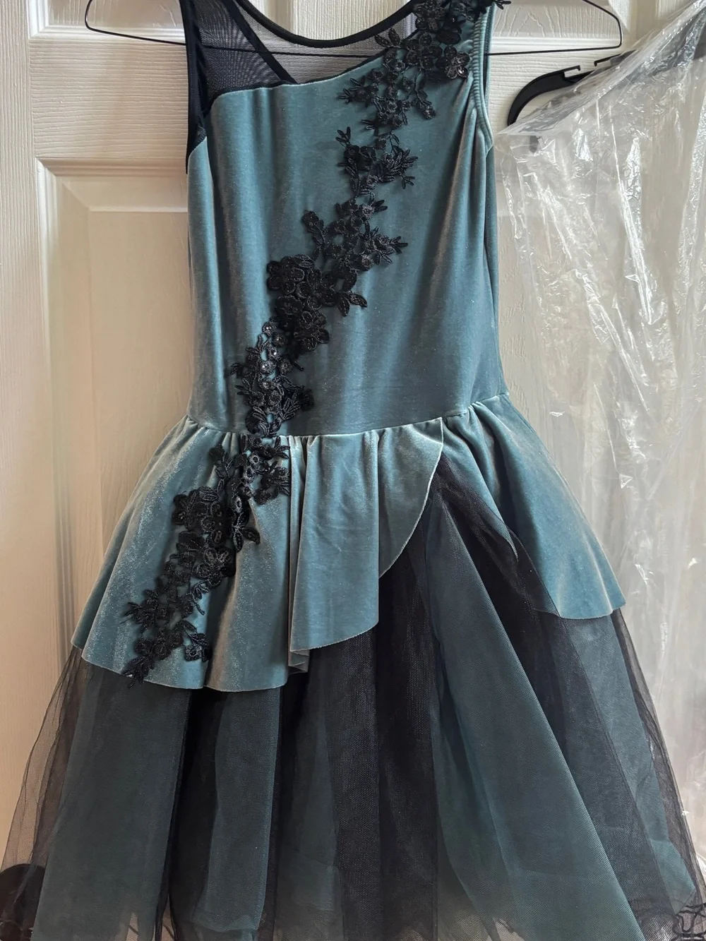 Weissman Teal and Black Floral Appliqué Tulle Dress
